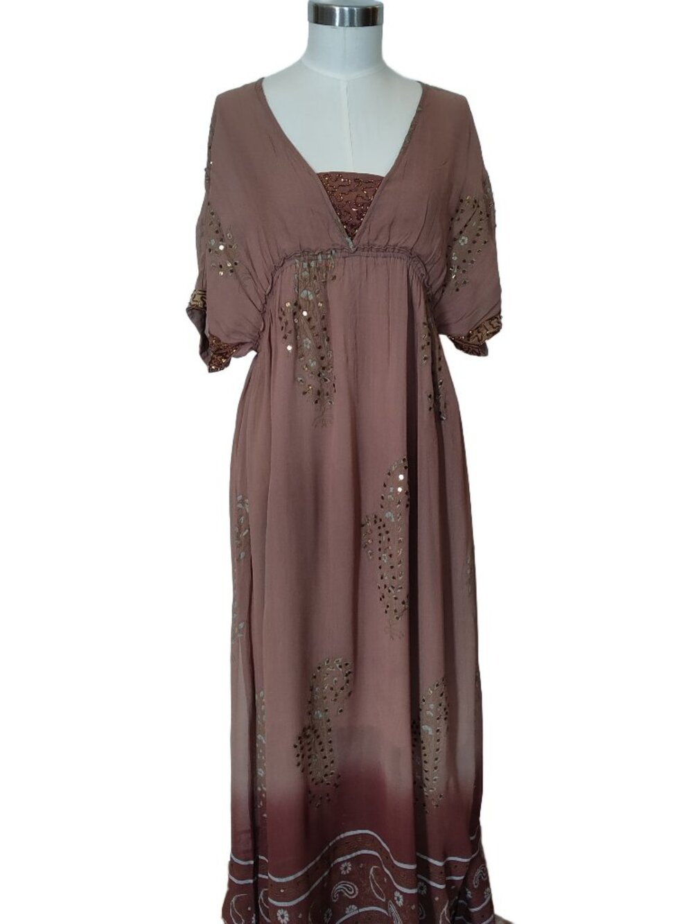 Cream Label Edwardian Vintage Style Long Mocha Dress w' Beads & Sequins XL